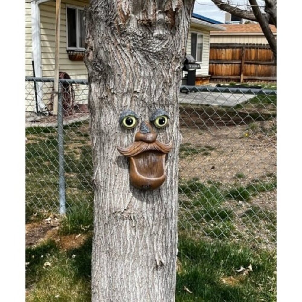 Tree Face Birdfeeder - Old Man with Glowing Eyes in Dark Outdoor Tree